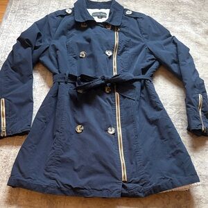 Forever Audrey Dark Blue Trench Coat with Gold Accents